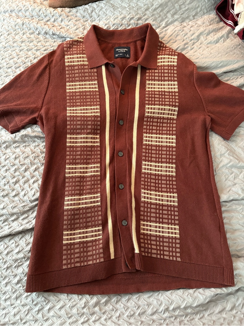 Abercrombie & Fitch Rust Button-Front Knit Shirt with Cream Stripes